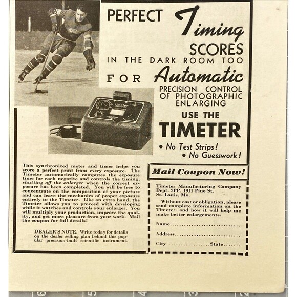 Timeter Manufacturing "Synchronized Meter & Timer" Hockey Player Print Ad 1940 - Picture 1 of 3